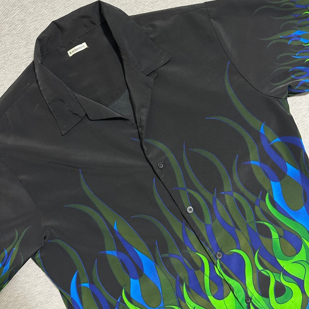 No Boundaries Mens Black Green Blue Flame AOP Button Up Shirt Y2K Skater Mens XL